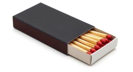 Open Black Matchbox with Red Tipped Matches on White Background