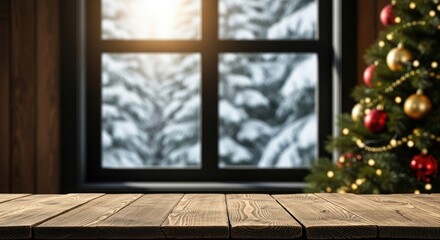 Rustic wooden table in cozy room with snowy window, Christmas bokeh.