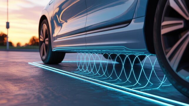Vibrant, glowing blue neon lines or energy waves emanate from a charging pad embedded in the ground, visibly connecting and transferring power to the underside of the vehicle.