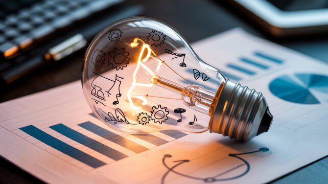 A brilliantly glowing traditional incandescent light bulb sits prominently on top of financial documents displaying bar graphs and pie charts.
