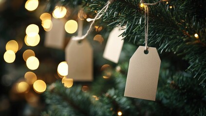 Naklejka premium A close-up of a Christmas tree decorated with blank tags and warm bokeh lights, creating a festive and cozy atmosphere.