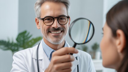 Middle-aged male doctor with gray hair, wearing glasses and a white lab coat, holding a magnifying glass near the face of an unseen female patient.
