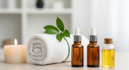 Spa day essentials: essential oils, towel, candle for natural beauty