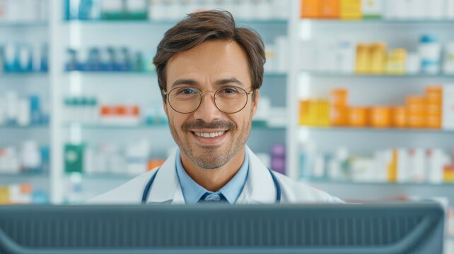 Woman pharmacist smiling with customer and doctor indoors at drugstore counter service.