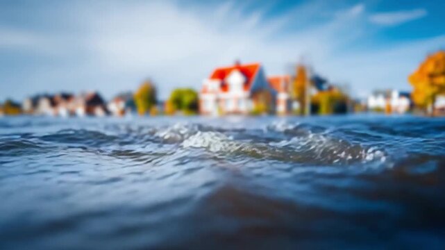 Rising Water Threatens: Capturing the devastating scene of rising water levels encroaching on a residential area, highlighting the pressing issues of climate change, displacement.