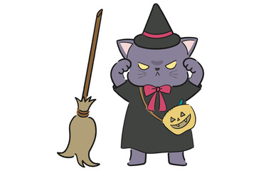 Obraz premium 魔女の仮装をした黒猫のゆるかわいいハロウィンイラスト