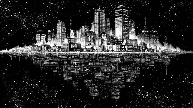 A floating metropolis illustrated upside down above the black night, drawn with retro manga precision, sparkling windows like stars, no text or branding