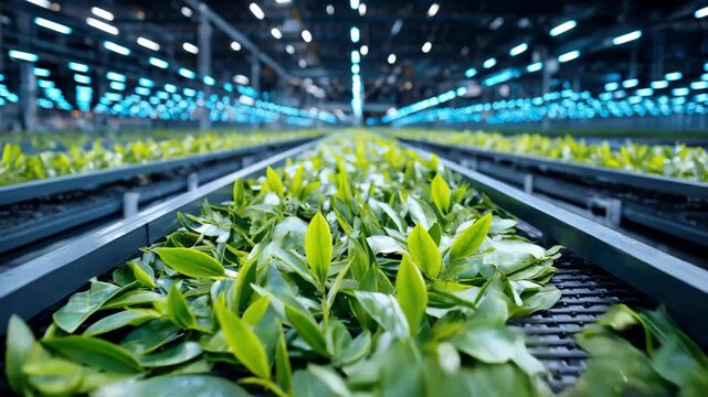 Medium shot of a sensorguided conveyor belt adjusting leaf positions precisely for optimized sorting in an automated plant processing environment