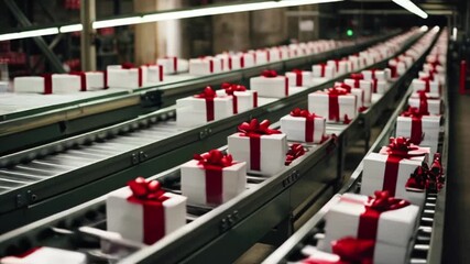 Gift box distribution. Industrial Roller Conveyor System. Steel conveyors in various directions with Gift Boxes. White with red ribbons created with generative ai	
