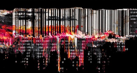 Abstract Barcode: A dynamic representation of a barcode, morphing into a digitized cityscape with a vibrant array of colors and binary code.