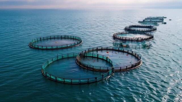 Fish farming nets in open sea showcasing a sustainable aquaculture practice with multiple circular cages under a clear sky