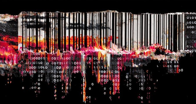 Abstract Barcode: A dynamic representation of a barcode, morphing into a digitized cityscape with a vibrant array of colors and binary code.