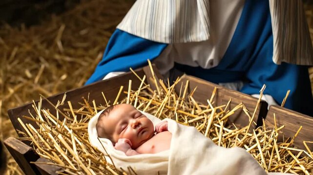 Virgin Mary gazing at infant baby Jesus in manger, with an ox horn visible. Christian Christmas nativity scene.