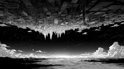 Fototapeta premium A surreal monochrome anime scene showing a luminous upside-down city fading into a dark horizon, intricate ink lines, calm night atmosphere, no logo