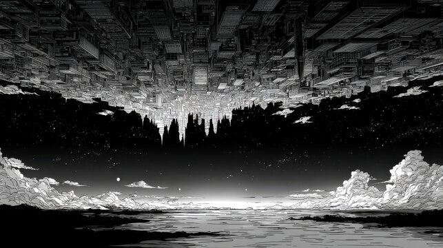 A surreal monochrome anime scene showing a luminous upside-down city fading into a dark horizon, intricate ink lines, calm night atmosphere, no logo