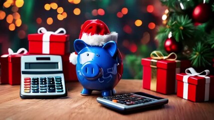 A blue piggy bank wearing a Santa hat, next to a calculator, a Christmas tree, red gift boxes, Christmas Savings Background, Christmas Piggy Bank, created with generative ai	
 - Powered by Adobe