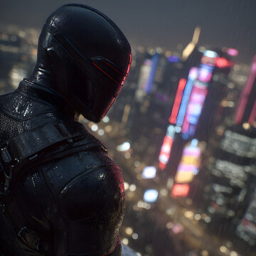 urban, vigilante, rooftop, city, night, superhero, hero, mask, armor, detailed, realistic, cinematic, dramatic, shadow, power, justice, street, modern, action, defense, future, technology, crime, figh