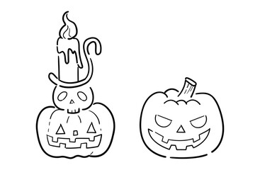 ジャックオーランタンのキャンドルとかぼちゃのお化けイラスト（線画）