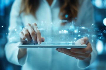 Professional woman using a digital tablet in a modern office, organizing information and managing tasks efficiently with the help of technology, Generative AI