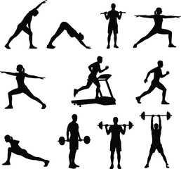 Fitness, exercise, workout, silhouette, gym, yoga, stretching, running, weightlifting, plank, treadmill, training, healthy lifestyle, cardio, strength, pose, 