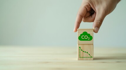 Reducing CO2 Green Cloud Icon on Wooden Blocks, Declining Graph concept