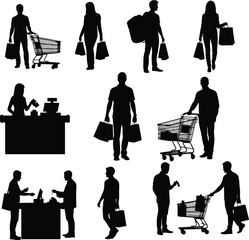 Shopping silhouette icons, retail activity, customer interaction, checkout counter, shopping cart, people with bags, black vector set, consumer behavior, store experience