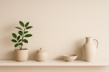 Minimalist shelf display with a potted plant, a lidded jar, a bowl, and a ceramic jug ceramic bowl
