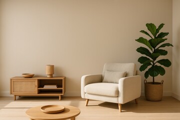 Minimalist Scandinavian Living Room with Beige Armchair and Cane Cabinet interior home