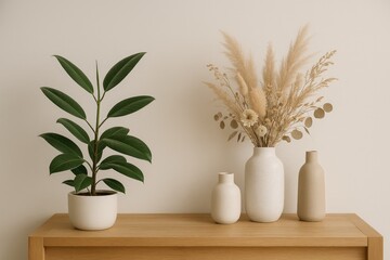 Minimalist Shelf Display with Ficus Plant and Dried Floral Arrangement in Neutral Tones dried flowers