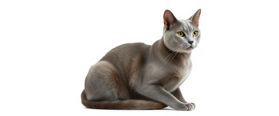 A sleek gray cat sits, gazing intently, isolated against a pure white backdrop,  mammal,   silver cat