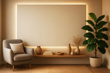 Modern living room with a grey armchair, floating shelf, and a large fiddle leaf fig plant