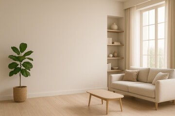 Modern Living Room with Beige Sofa, Coffee Table, and Fiddle Leaf Fig Plant interior home