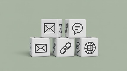 Communication and Connection Icons on White Cubes Against a Soft Green Background