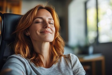 Professional woman enjoying a break at her office desk, taking a moment to relax and recharge while maintaining focus on her responsibilities, Generative AI