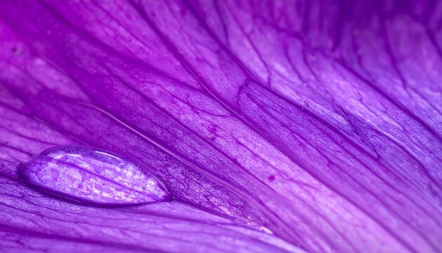 Macro shot capturing a glistening water droplet resting on the textured surface of a deep purple petal. Light highlights the details - Powered by Adobe