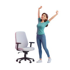 a woman stretching arms upward after long work, modern casual office outfit, standing beside chair, smiling
