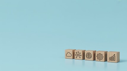 Abstract digital technology icons on wooden cubes, business growth concept