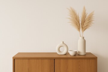 Wooden cabinet top with decorative vases and dried pampas grass credenza surface