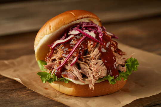 Delicious pulled pork sandwich with bbq sauce and red cabbage slaw