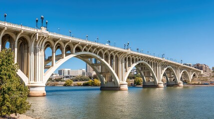 Fototapeta premium Stunning View of Arched Bridge with Clear Blue Sky Reflected in Water Near Modern Urban Landscape