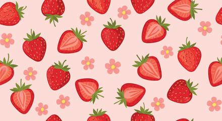 Charming seamless pattern featuring fresh red strawberries, whole and sliced, alongside delicate pink blossoms on a soft pastel background.