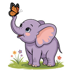 Fototapeta premium A cute elephant interacting with a butterfly in a beautiful meadow. The elephant is light purple, and the butterfly is orange
