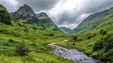 Majestic Scottish Highlands Landscape with River Flowing Through Lush Green Valley and Dramatic Mountain Peaks Under Cloudy Sky