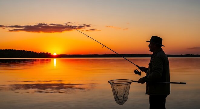 Fisherman casting a line at sunset, reflecting on the tranquil lake waters.