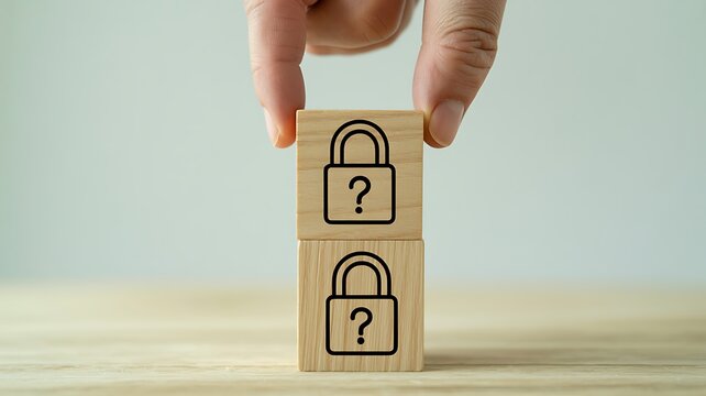 Hand stacking wooden blocks with padlock and question mark icons for security concept