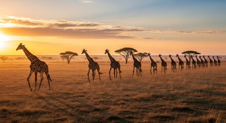 Giraffes walking in a line across the African savanna at sunset.