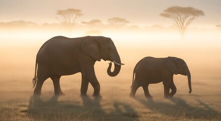 Fototapeta premium African elephants walking through misty savanna at sunrise.