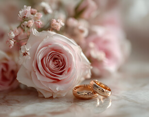 Wedding concept with roses and rings