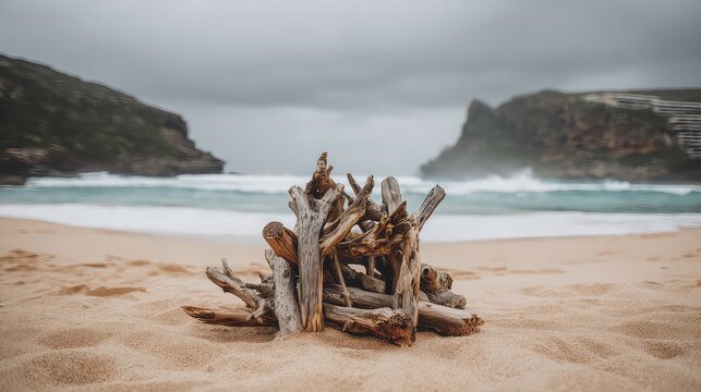 Driftwood Pile on Sandy Beach Under Overcast Sky and Waves Crashing in Background - Powered by Adobe