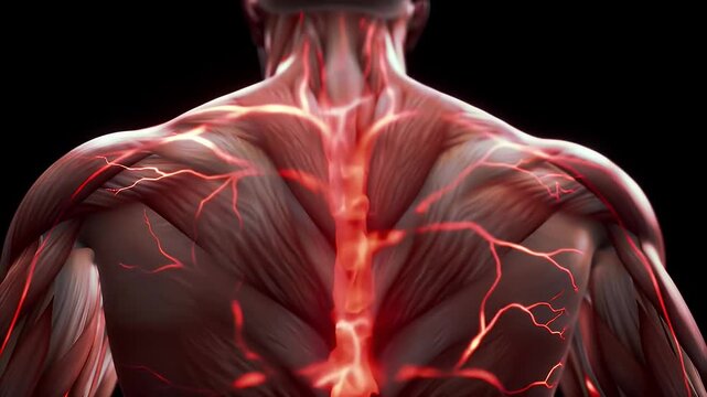 Close up Back View Of Muscular Human Torso With Glowing Red Nervous System And Spine On Black Background